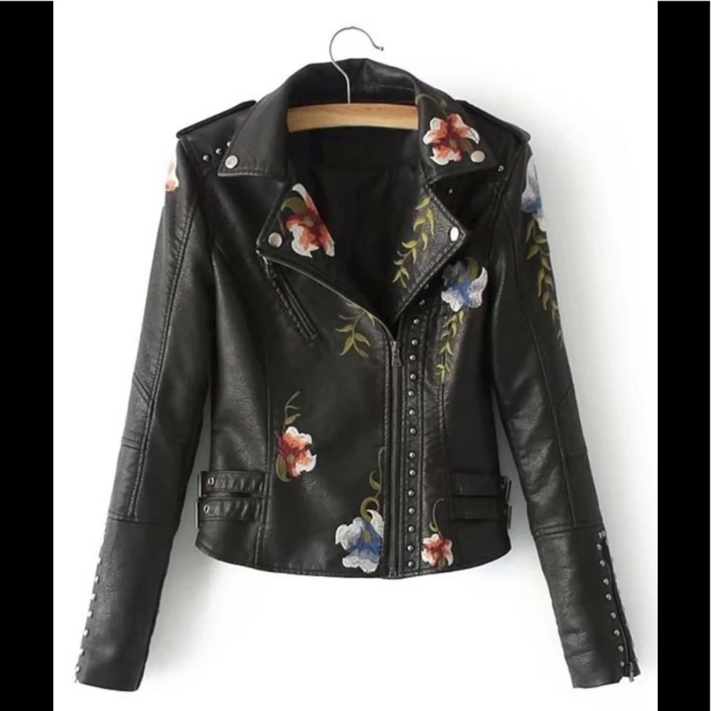 Faux Leather Floral Embroidered Jacket